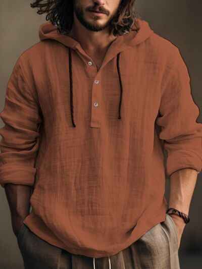 Men's Full Size Half Button Long Sleeve Hoodie - Damned Threads